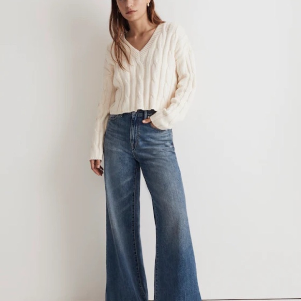 MADEWELL Cable-Knit V-Neck Crop Sweater